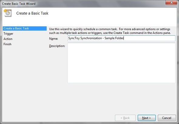 SyncToy: Microsoftin yksinkertainen varmuuskopiointi- ja synkronointiratkaisu [Windows] Task Scheduler Luo perustyön nimi