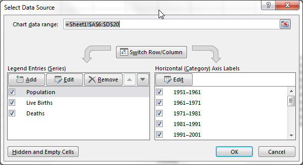 Excel-tietoalueen nimi Data -sarja