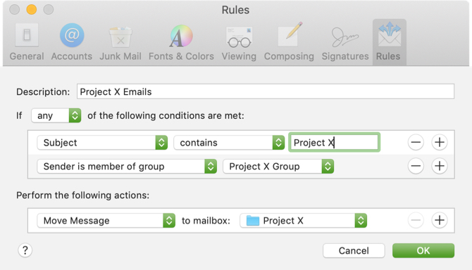 Siirrä projektisähköposteja Mac Mail -sääntö
