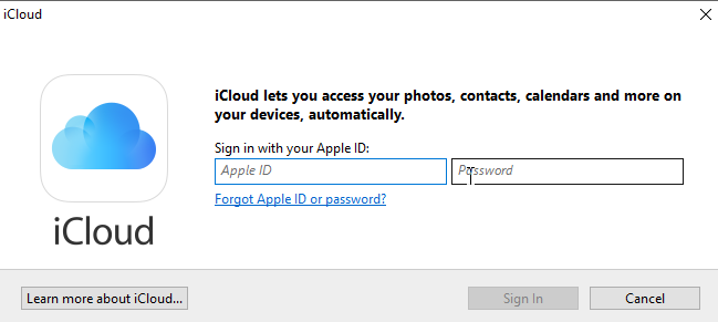 iCloud-ohjauspaneelin kirjautumisen näyttökuva
