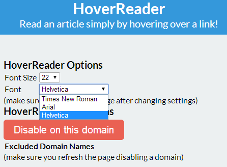 Hover-Reader-asetukset