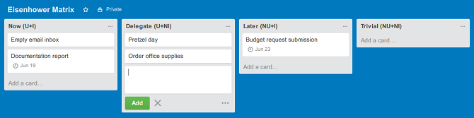Kuinka priorisoida tehtäviä Eisenhower-matriisin tuottavuusjärjestelmällä, trello eisenhower-matriisitarvikkeet