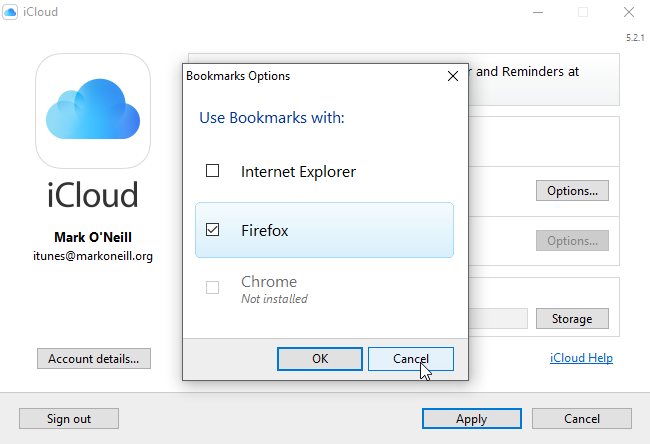 iCloud-ohjauspaneelin kirjanmerkkien asetusnäyttö