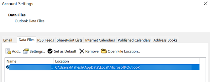 avaa Outlook-tiedostotiedoston sijainti