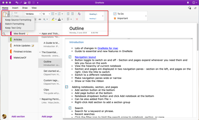 muotoilutyökalut OneNote Macissa