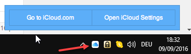 iCloud-ohjauspaneelin kuvake System Tray -kuvakaappauksessa