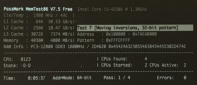 MemTest86 käynnissä MacBook Airilla