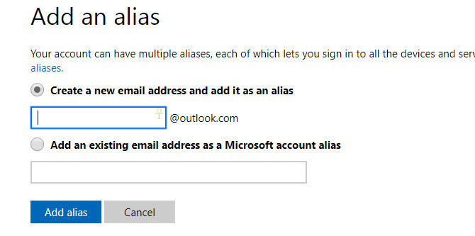 lisää alias - microsoft-tilin sähköposti