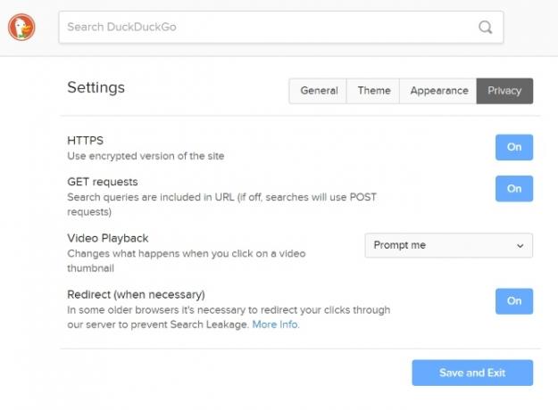 DuckDuckGo-tietosuoja-asetusten hakukone