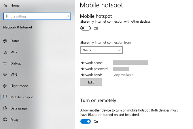 Windows 10 hotspot-asetusvalikko