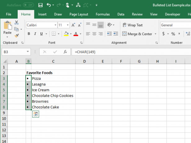 CHAR-toiminto syötettiin Excel-soluihin