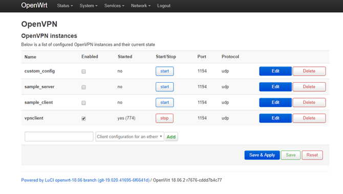 OpenWRT LuCI Dashboard OpenVPN-valikko