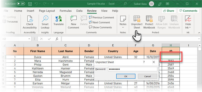 Napsauta Poista suojauksen arkki Excel-sovelluksessa