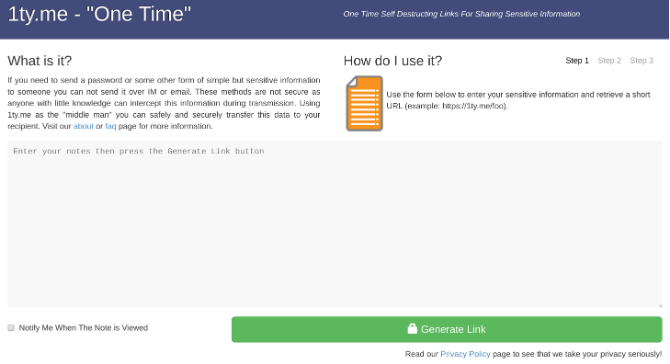 1ty.me on turvallinen sovellus kertaluonteisten muistiinpanojen ja salasanojen lähettämiseen