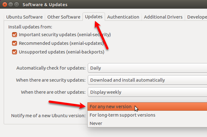 Muuta asetusta saadaksesi ilmoituksen kaikista uusista Ubuntu-versioista
