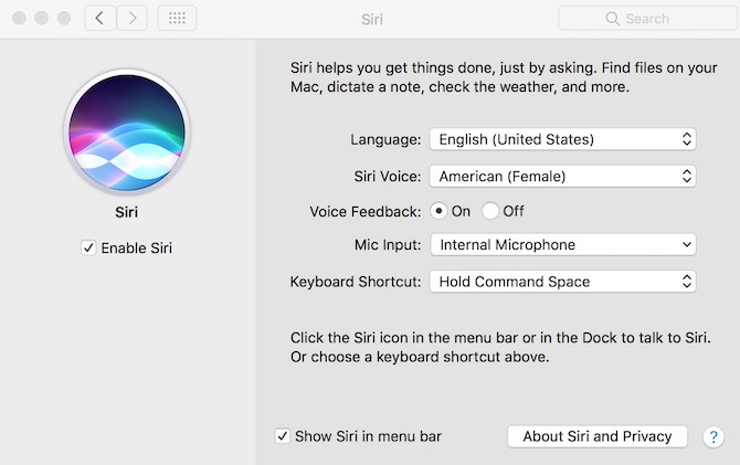 Siri-asetukset macOS Sierrassa