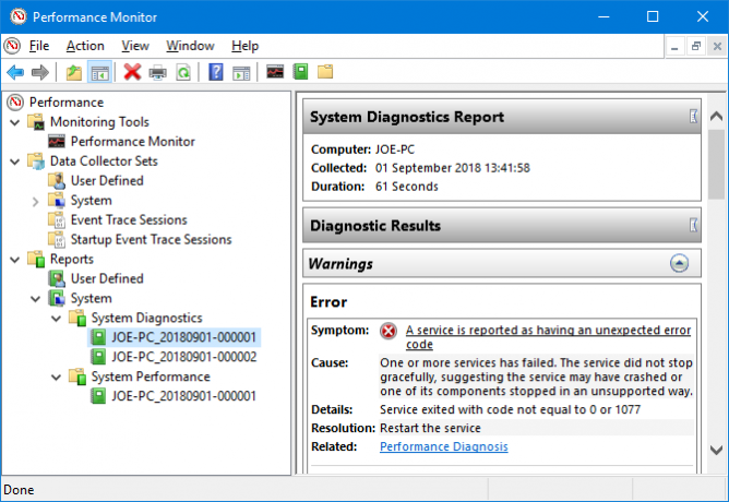 Windows 10 Performance Monitor -diagnoositulokset