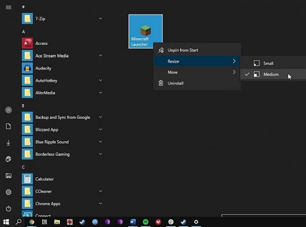 Windows 10 mukautettujen live-laattojen koon muutos