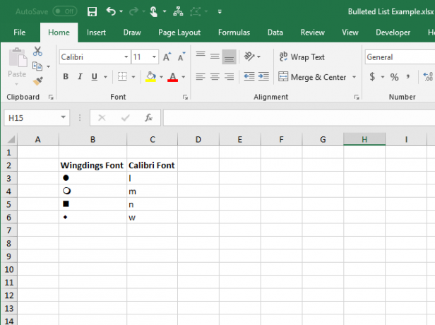 Caliber-kirjasimen kirjaimet ja vastaavat symbolit Wingdings-kirjasimessa Excelissä