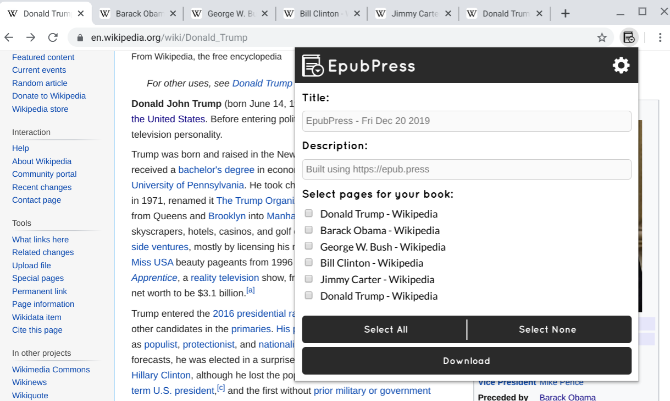 Luo offline-kirja, joka sisältää useita Wikipedia-linkkejä EpubPressin kanssa