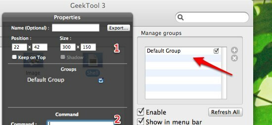 GeekTool - Näytä järjestelmätiedot Macissa tyylin 02b ominaisuuksissa ja ryhmissä