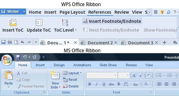 WPS-Office-Viitteet-Tabs-Writer-MS-Office Ribbon-vertailu