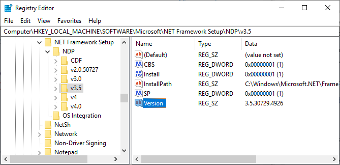 regedit net Framework vanhempi versio