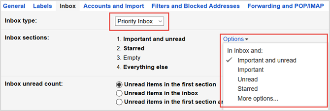 gmail-asetusten prioriteettitiedot