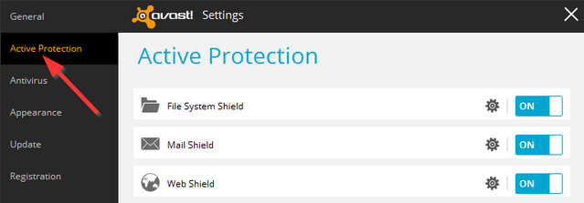 Avast - Asetukset - Aktiivinen suojaus