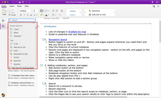 etsi muistiinpanoja OneNote Macissa