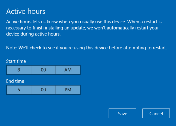 Windows 10 päivittää aktiiviset aukioloajat