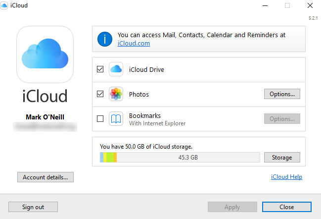 iCloud-ohjauspaneelin asetusnäyttö