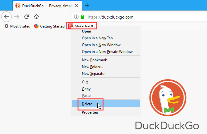 Napsauta hiiren kakkospainikkeella kirjanmerkkiä Firefoxissa ja valitse Poista