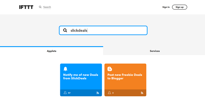 IFTTT-sovelmahakutulossivutulokset SlickDealsille