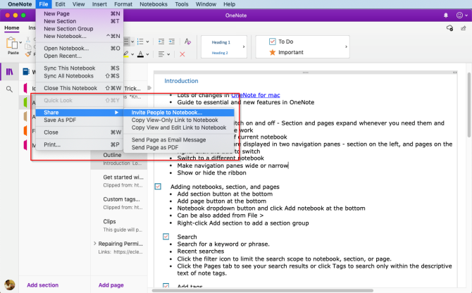 jakamiseen ja yhteiskäyttöön OneNote Macissa