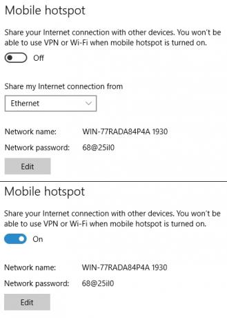 Windows 10 Mobile Hotspot käytössä Ei käytössä