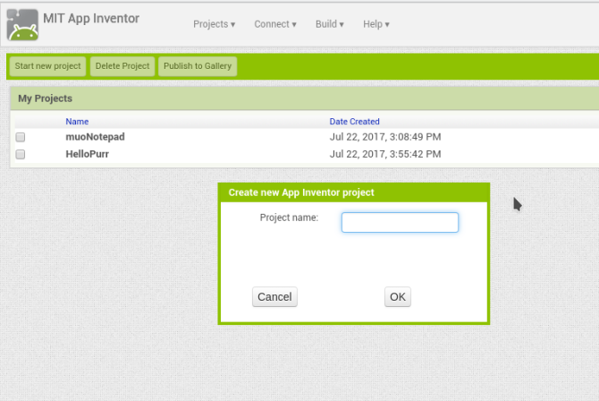 Android luo sovellus appinventor uuden projektin nimi