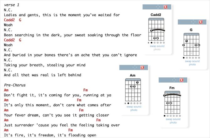 E-soinnut -sivu näyttää Greatest Show Guitar Chords -soiton