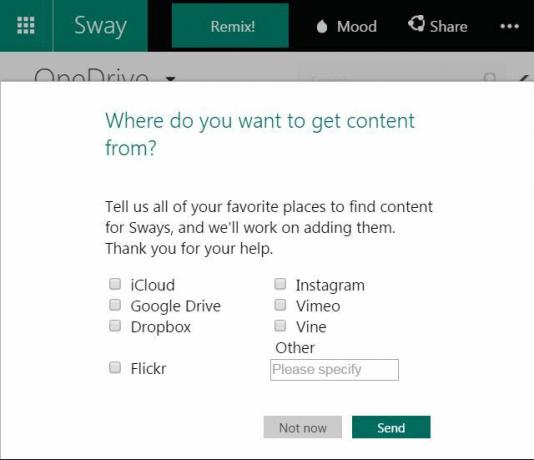 Microsoft Sway -tuontitietovaihtoehdot