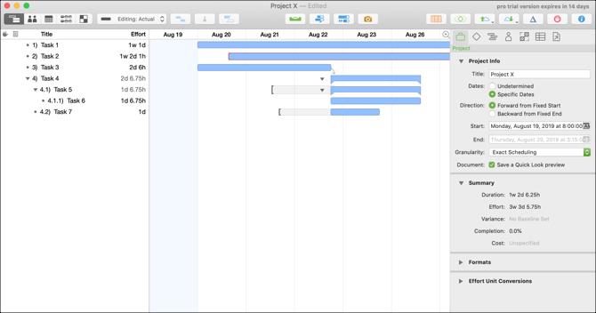 OmniPlan 3 Mac Gantt -taulukossa