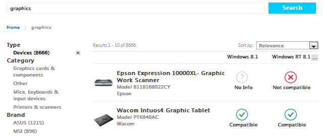 Windows 8.1 -yhteensopivuuskeskuksen hakutulokset