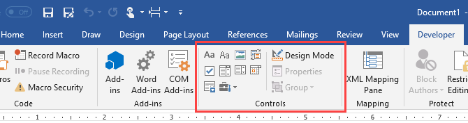 Ohjausosa Microsoft Word -kehittäjän välilehdellä