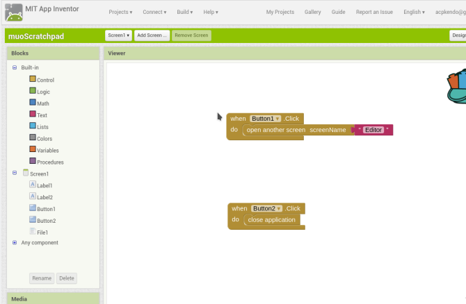 Android luo appinventor screen1 -lohkot