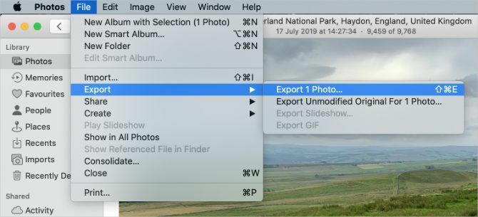 Vie valokuva -vaihtoehto Valokuvat-sovelluksessa Macilla
