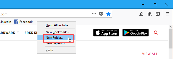 Luo uusi kirjanmerkkikansio Firefoxin kirjanmerkkipalkkiin