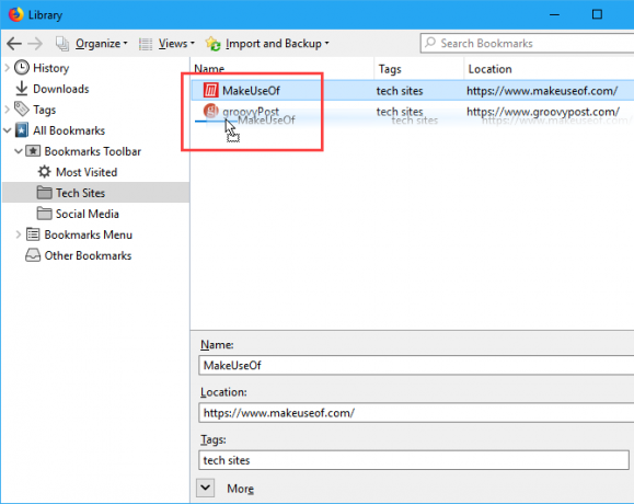 Lajittele kirjanmerkit manuaalisesti Firefoxin Kirjasto-valintaikkunassa