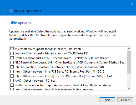 Windows 10 Piilota päivitysluettelo