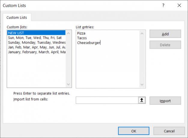 Excel mukautettujen luetteloiden merkinnät