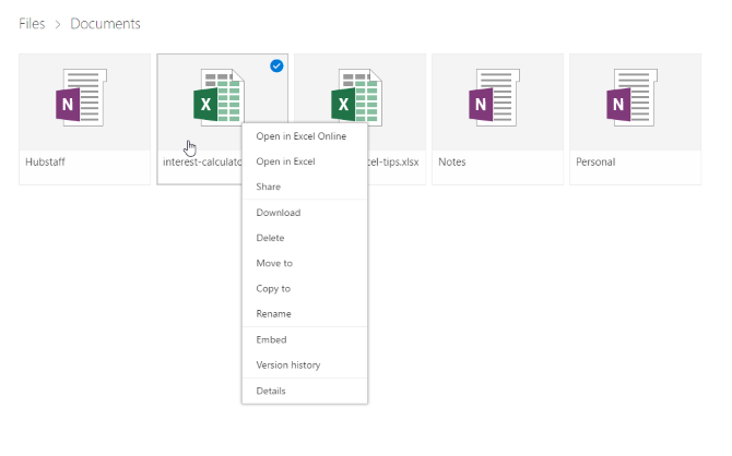 onedrive-asiakirjat hiiren kakkospainikkeella