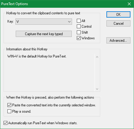 PureText Windows -asetukset